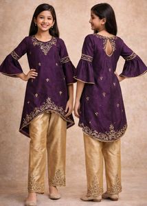 Girls' Purple Embroidered Kurta Set