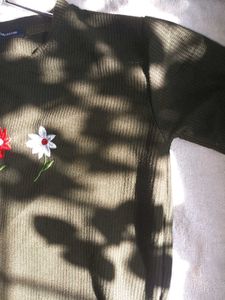 Olive Green Embroidered  Korean T Shirt