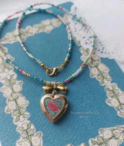 Hand painted Heart Locket Beaded Necklace
