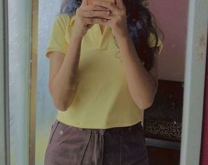 Yellow Ribbed Polo Crop Top