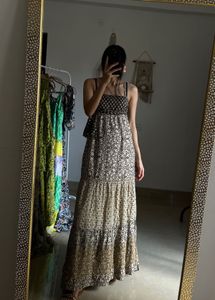 Brown&Beige Printed Tiered Maxi Dress