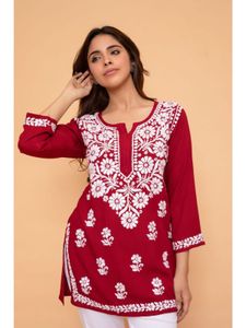 Maroon &amp; White Print  Embroidered Short Kurti