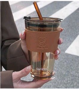 Glass Tumbler/ Sipper With Straw Leather Handle