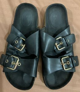 H&M Black & Beige Buckle slides
