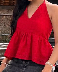 Red Eyelet Halter Top