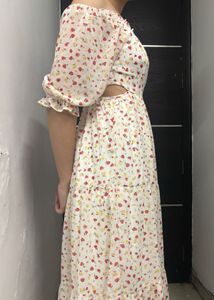 White Floral Short Sleeve Long Dress