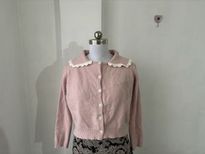 Pink Cardigan with Lace Collar