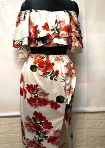 Floral Off Shoulder Cord Set With Pencil Skirt