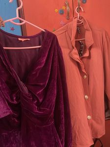 Velvet Purple Top And Pink Shrug Full Sleeve