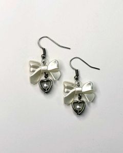 Handmade Beaded Pearl Bow Earrings with Heart