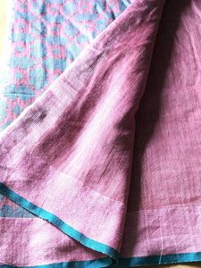 Pink Linen Saree with Blue Border