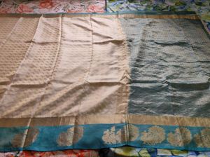 Cream And Blue Pure Silk Saree