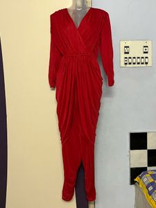 Red Dhoti Style Attached Bottom Dress