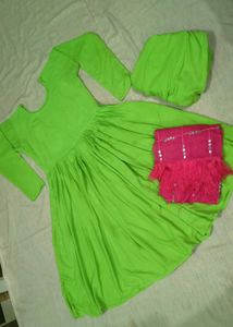 Green Frock With Salwar & Dupatta