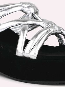 Women Silver Strapy Open Toe Wedge Heels With Knot