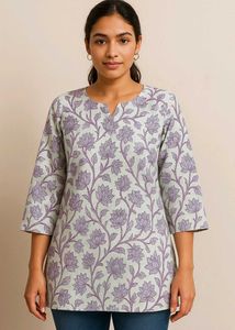 White And Purple Shorts Kurti