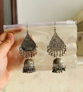 Set Of 3 Oxidised Jhumka Earrings