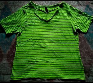 Neon Green Striped V-Neck Tee
