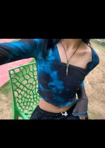 Blue Tie-Dye Mesh Crop Top