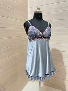 Blue Floral Lace Trim Nightgown