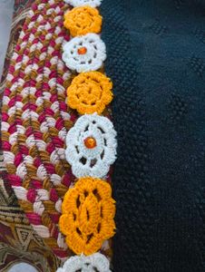 Woollen Black Shawl With Yellow &amp; White Flower