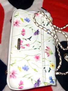 White Floral Printed PU Structured Sling Bag