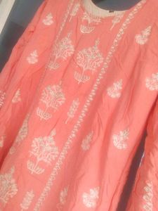 Coral Embroidered Kurti with White
