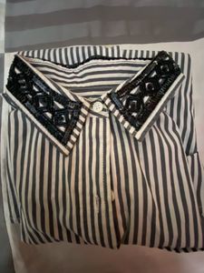 beaded collar striped shirt