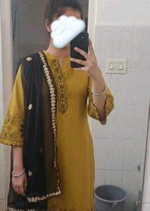 🌼 Mustard Yellow cut work Kurti Set with Black Du