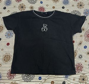Adorable Teddy Bear Embroidered Black Crop Top