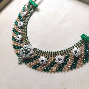 925 Silver Green&amp; Cream Beads Necklace