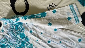 White &amp; Blue Embroidered Kurti Dress