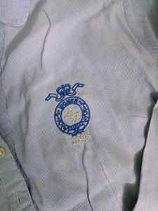 White Strip Blue Shirt