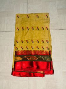 Elegant Mustard &amp; Red Silk Saree
