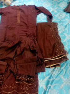INDO ERA Brown Mirror Design Kurti Set