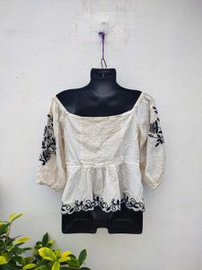 Embroidered Eyelet Off Shoulder Tie Front top