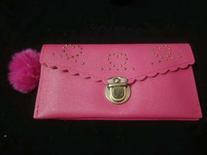 Pink Studded Wallet with Pom-Pom