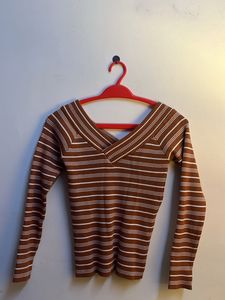 Brown Striped Ribbed Winter Top