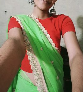 Green Saree with stiched  Blouse