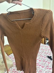 Brown Ribbed Long Sleeve Top