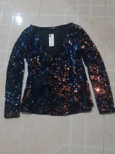 Navy Blue And Gold Stensil Party Wear Top