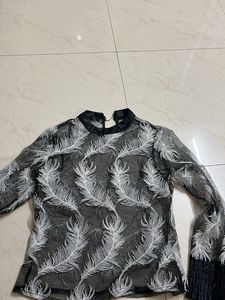 Feather Print Long Sleeve Sheer Top