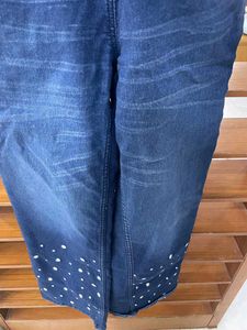 Denim Jumpsuit with Flower Applique