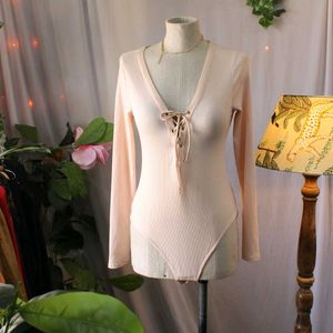Ribbed Lace-Up Bodysuit