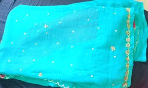 Embroidery Pink &amp; Sea Green Chiffon Saree
