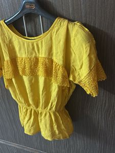 Yellow Lace Trim Peplum Top