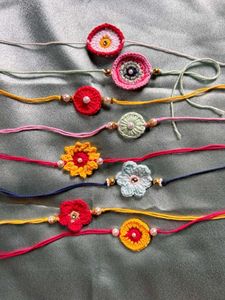 Set Of 5 Handmade Crochet Flower Rakhi Bracelets
