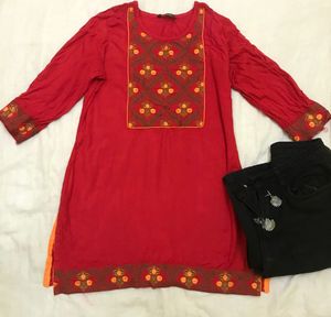 Red Embroidered Kurti