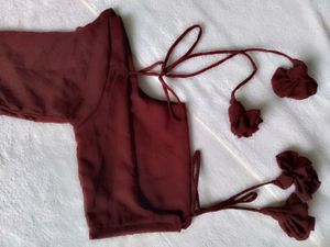 Wine Colour Sweetheart Neck Backless Blouse