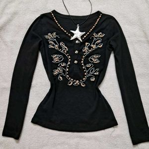 Y2k Black Embellished Long Sleeve Fitted  Top